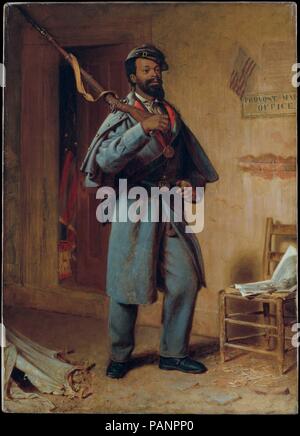 Ein bisschen Krieg Geschichte: Die rekrutieren. Artist: Thomas Waterman Holz (American, Montpelier, Vermont 1823-1903 New York). Abmessungen: 28 1/4 x 20 1/4 in. (71,8 x 51,4 cm) (gerahmt mit 84.12 A und 84.12 c). Datum: 1866. Dieses Gemälde ist eine von einer Gruppe von drei Leinwände (84.12 Eine --c) sagte, durch die imaginierten Erzählung eines afrikanischen amerikanischen Soldaten im Bürgerkrieg inspiriert worden zu sein. In "Die Schmuggelware,' (84.12 a) die neu emanzipierten Slave, seine Habseligkeiten in ein altes Tuch eingewickelt, Sucht, Eintragung in der Union Armee. In für Service ausgebildet worden und Tragen seiner Uniform, er sieht glücklich und stolz in' Stockfoto
