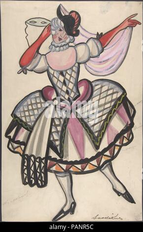 Frau in einem Harlekin Kostüm mit Maske. Artist: Sergey Sudeykin (Russisch, Smolensk 1882-1946 Nyack). Maße: Blatt: 17 1/16 x 10 7/8 in. (43,3 x 27,6 cm). Datum: Erste Hälfte 20. Jahrhundert. Design für einen weiblichen Harlekin Kostüm, eine von 34 Kostümentwürfe für N. Evreinoff's Play' Die Hauptsache", am Theater Guild, New York City, 1926 produziert. Die Frau woaring ein Harlekin Kostüm in dieser Zeichnung mit ihrem Gewicht auf dem rechten Fuß, dem linken Fuß hielt sich in der Luft, leicht nach links; ihr linker Arm ist in einer Motion, dass parallel zu der das Bein gehoben, und ihren rechten Arm Stockfoto