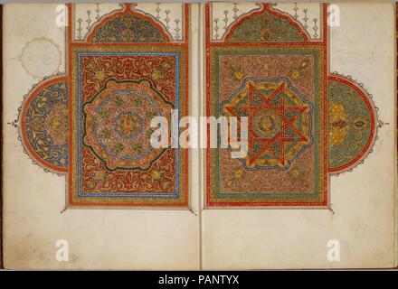 Ein Manuskript von fünf Abschnitte des Qur'an. Abmessungen: H. 7-31/32-in. (20,3 cm) W. 5-31/32-in. (15,2 cm). Datum: 18. Zwei aufwändig beleuchteten doppelte Seiten öffnen und das juz schließen" (Abschnitt) aus dem Koran, die fein gearbeiteten Leder gebunden war. Die komplizierte geometrische und pflanzliche Dekoration dieser Beleuchtung ist konservativ und der Kalligraphie hier beschäftigt stellt den Typ des Skripts, das fast in Nordafrika war seit dem zwölften Jahrhundert unverändert, aber die rechteckige Format, der Einsatz von Papier, und die vielfältige Farbpalette der Beleuchtung sind charakteristisch für die manuscr Stockfoto