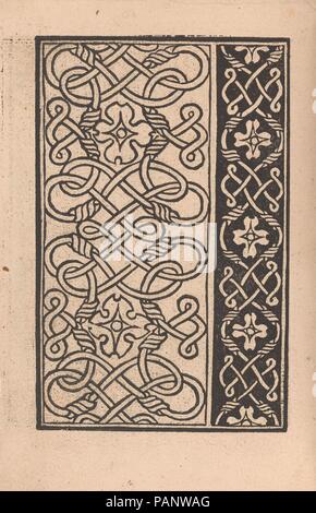 Convivio delle Belle Donne, Seite 17 (verso). Designer: Holzschnitt Grenze auf Titel unterzeichnet von Matteo da Treviso (Italienisch, Aktiv 16. Jahrhundert). Maße: Gesamt: 7 7/8 x 5 1/2 in. (20 x 14 cm). Erschienen in: Venedig. Herausgeber: Nicolò Zoppino (Italienisch, Ferrara 1478/80-1544 Venedig), Venedig. Datum: August 1532. Von Nicolo Zoppino, Italienisch, Aktive aus dem 16. Jahrhundert, Venedig, entworfen von Matteo da Treviso, Italienisch, Aktiv 16. Jahrhundert veröffentlicht. Von oben nach unten und von links nach rechts: Design besteht aus 2 Spalten. Linke Spalte ist breiter und ist mit Interlace Muster innerhalb existieren 2 Blumen dekoriert Stockfoto