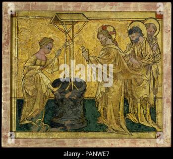 Jesus und der Samariterin am Brunnen. Kultur: Südwest deutscher (?). Abmessungen: Insgesamt (ohne Rahmen): 7 1/16 x 8 1/2 in. (18 x 21,6 cm) eingerahmt: 8 1/16 x 9 3/8 x 13/16 in. (20,5 x 23,8 x 2 cm). Datum: Ca. 1420. Dieser frühen Beispiel von Reverse Glasmalerei kann einen wurden eine Reihe mit Szenen aus dem Leben Jesu. Das Thema ist ein selten dargestellte Episode aus dem Evangelium des Johannes, in der Jesus spricht mit der Frau aus Samaria. Die Begegnung war unerwartet, da, wie der hl. Johannes sagte: "Juden nicht mit den Samaritern zu verknüpfen." Als Ergebnis ihrer Gespräche, die Frau c wurde Stockfoto