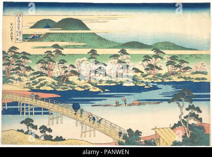 Brücke an Togetsu Arashiyama in Yamashiro, aus der Serie bemerkenswerte Aussicht auf Brücken in verschiedenen Provinzen (Shokoku meikyo kiran). Künstler: Katsushika Hokusai (Japanisch, Tokyo (EDO) 1760-1849 Tokyo (EDO)). Kultur: Japan. Abmessungen: 10 3/8 x 15 1/4 in. (26,4 x 38,7 cm). Datum: Ca. 1830. Museum: Metropolitan Museum of Art, New York, USA. Stockfoto