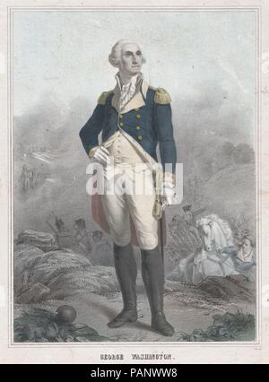 George Washington. Artist: (?) Anonym, Französisch, 19. Jahrhundert, abgeleitet von Léon Cogniet (Französisch, Paris 1794-1880 Paris). Abmessungen: Bild: 13 5/16 x 9 13/16-in. (33,8 x 25 cm): 16 5/8 x 13 11/16 in. (42,2 × 34,7 cm). Datum: Ca. 1850. Diese Lithographie kann in Europa um 1848, als die Erhebungen für die Reform in Frankreich und Deutschland das Interesse an der Amerikanischen Revolution löste erstellt haben. Das Bild setzt auf Leon Cogniet Portrait 1836 zeigt, dass Washington auf der Bank des Delaware River - Details der letzteren von der berühmten John Trumbull die Vertretung übernommen Stockfoto