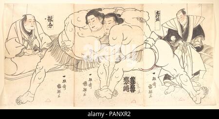 Sumo Ringen. Artist: Utagawa Kuniteru (Japanisch, 1830-1874). Kultur: Japan. Abmessungen: 14 3/8 x 29 5/16 in. (36,5 x 74,5 cm). Datum: 19. Der Schiedsrichter, der einen Ventilator, ist identifiziert als Kimura unddie Richter, Furiwake, ein ehemaliger Wrestler, sitzt seine Pfeife mit Links. Museum: Metropolitan Museum of Art, New York, USA. Stockfoto