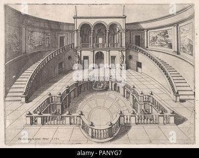 Speculum romanae Magnificentiae: Die große Halle im Palazzo Farnese. Artist: Anonym. Maße: Blatt: 14 x 17 15/16 in. (35,6 x 45,5 cm) Platte: 12 x 16 cm. (30,5 x 41 cm): 16 13/16 x 22 1/16-in. (42,7 x 56 cm). Herausgeber: Paolo Graziani (Italienisch, aktive Rom, 1577-84). Serie/Portfolio: Speculum romanae Magnificentiae. Datum: Ende des 16. Jahrhunderts. Dieser Ausdruck stammt aus der Kopie für das Museum von Speculum romanae Magnificentiae (Der Spiegel der Römischen Pracht) Das Speculum seinen Ursprung im Verlags- Bemühungen von Antonio Salamanca und Antonio Lafreri gefunden. Während ihres Aufenthalts in Rom Stockfoto