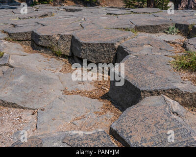 Oben in der Spalte, Devil's Postpile National Monument in der Nähe von Mammoth Lakes, California. Stockfoto