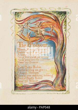 Lieder der Unschuld und Erfahrung: die Blüte: Merry Merry Spatz. Künstler: William Blake (Briten, London 1757-1827 London). Maße: Blatt: 6 3/16 x 5 9/16-in. (15,7 x 14,1 cm). Datum: Ca. 1825. Museum: Metropolitan Museum of Art, New York, USA. Stockfoto