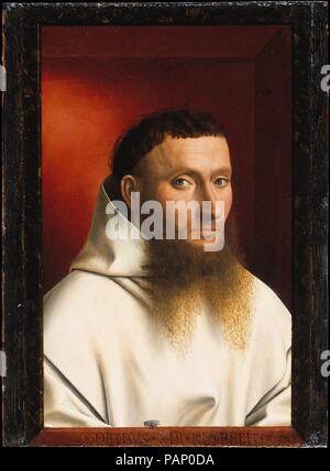 Porträt der Kartäuser. Artist: Petrus Christus (Niederländischen, ganz Baarle-Hertog (Baerle-Duc), aktiv von 1444 - starb 1475/76 Brügge). Abmessungen: Insgesamt 11 1/2 x 8 1/2 in. (29,2 x 21,6 cm); Oberfläche lackiert 11 1/2 x 7 3/8 in. (29,2 x 18,7 cm). Datum: 1446. Christus setzt seine sitter in der Ecke eines gemütlich beleuchteten Zimmer und steigert die Qualität seiner 'real' Präsenz durch die Fliege momentan ruht auf dem fiktiven Rahmen. Der führende Maler von Brügge nach Jan van Eyck's Tod im 1441, Christus bewegt sich jenseits der flachen neutrale Hintergründe von Porträts seiner Vorgänger. Die illusionistische Aufschrift Stockfoto