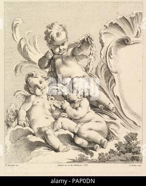 Drei liebt Neben einer Kartusche. Artist: Nachdem François Boucher (Französisch, Paris 1703-1770 Paris); Pierre Alexandre Aveline (Französisch, Paris 1702-1760 Paris). Maße: Blatt: 10 7/16 x 8 7/16 in. (26,5 x 21,5 cm). Herausgeber: Gabriel Huquier (Französisch, Orléans, Paris 1695-1772). Serie/Portfolio: Viertes Buch von Gruppen von Kindern (der Stufe quatrième Livre de Gruppen d'Enfans). Datum: 1727-60. Museum: Metropolitan Museum of Art, New York, USA. Stockfoto