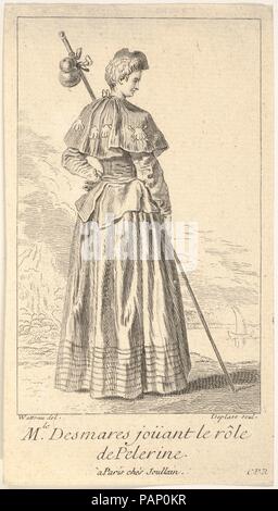 Schauspielerin Charlotte Desmares spielen die Rolle eines Pilgers, dargestellt von hinten mit dem Kopf nach rechts gedreht wird, hält sie ein Spazierstock, Jakobsmuscheln ihr Kap schmücken. Artist: Nach Antoine Watteau (Französisch, Valenciennes 1684-1721 Nogent-sur-Marne); Louis Desplaces (Französisch, Paris 1682-1739 Paris). Maße: Blatt: 5 1/2 x 3 1/16 in. (13,9 x 7,7 cm). Datum: Ca. 1710-39. Museum: Metropolitan Museum of Art, New York, USA. Stockfoto