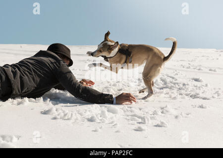 Mann spielt mit Hund im Winter auf Schnee Stockfoto