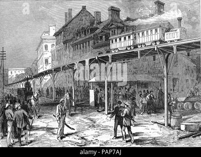 Eine Straße in New York - Gravur 1876 abgeschnitten. Stockfoto