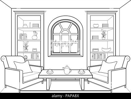 Zimmer mit einem großen Fenster, Outline, Innenraum, Kontur, lineare Zeichnung, Färben, Schwarz und Weiß Vector Illustration. Wohnzimmer, Schränke mit Bücher Stock Vektor
