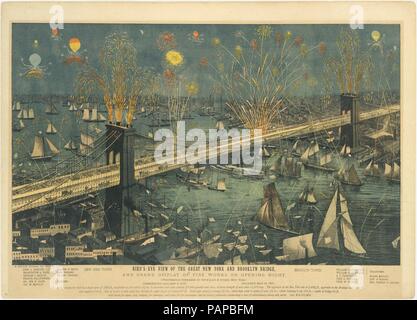 Aus der Vogelperspektive die grosse New York und Brooklyn Bridge, und dem großen Feuerwerk auf öffnung Nacht... 24. Mai 1883. Abmessungen: Bild: 15 5/16 x 24 9/16 in. (38,9 x 62,4 cm) Blatt: 18 7/8 x 26 1/4 in. (47,9 x 66,7 cm). Herausgeber: A. Major (New York, NY). Datum: 1883. Museum: Metropolitan Museum of Art, New York, USA. Stockfoto