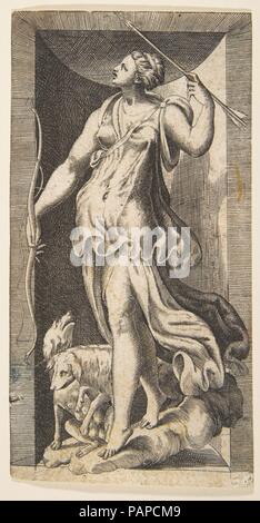 Diana die Jägerin acompanied durch ihre Hunde in einer Nische. Artist: Giulio Bonasone (Italienisch, Aktiv, Rom und Bologna, 1531 - nach 1576). Maße: Blatt: 6 5/8 x 3 3/8 in. (16,9 x 8,6 cm). Datum: 16. Museum: Metropolitan Museum of Art, New York, USA. Stockfoto