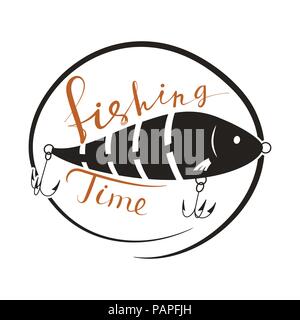 Angeln Zeit. Wobbler Köder für Fische. Schwarz-weiss Logo. Vector Illustration Stock Vektor