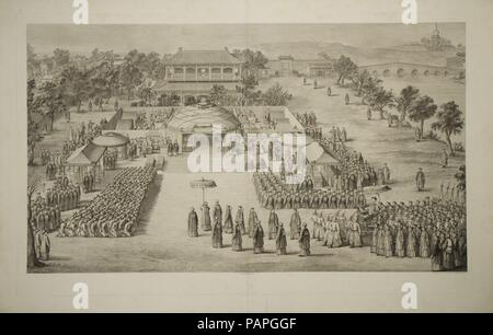 Der Sieg und Veranstaltungsräume. Artist: Jacques Philippe Le Bas (Französisch, Paris 1707-1783 Paris); nach Giuseppe Castiglione (Italienisch, Mailand 1688-1766 Peking); (Direxit) Charles Nicolas II Cochin (Französisch, Paris 1715-1790 Paris). Maße: Blatt: 25 11/16 x 39 5/8 in. (65,3 × 100,7 cm) Platte: 22 9/16 x 36 11/16 in. (57,3 x 93,2 cm). Serie/Portfolio: Die Eroberungen des Kaisers von China (Les Conquêtes de l'Empereur de Chine). Datum: 1770. 1760 Mit dem erfolgreichen Abschluss der Zentralasiatischen Kampagne, der Kaiser feierte mit einem großen Sieg und Veranstaltungsräume im Pavillon des violetten Strahlen (Zi Stockfoto