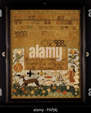 Bestickte Sampler. Kultur: American. Abmessungen: 12 1/2 x 10 in. (31,8 x 25,4 cm). Schöpfer: Mary Austin (geboren 1773). Datum: 1784. Mary Austin eine der vielen Schulen, die in Salem im späten achtzehnten Jahrhundert blühte besucht. Zu einer Zeit, alle Sampler mit langen Stichen in entwirrt Seidenfaden genäht wurden als die Arbeit der Mädchen, die bei Frau Sarah Stivour's School (1778-88) studiert hatte, denn das war die einzige Salem Schule überhaupt in Sampler genannt. Neue Forschung hat jedoch gezeigt, dass die wohlhabenden Familien von Salem unterstützt viele Schulen, die geholfen, ihre Töchter Lehren der a Stockfoto