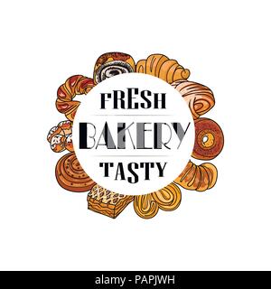 Dekor für einen Shop oder Café mit Gebäck, Brot, backen. Bäckerei, Brot, Haus, handschriftliche Illustration mit Schriftzug. Schild, Vektor Stock Vektor