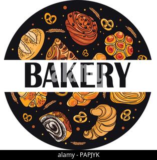 Dekor für einen Shop oder Café mit Gebäck, Brot, backen. Bäckerei, Brot, Haus, handschriftliche Illustration mit Schriftzug. Schild, Vektor Stock Vektor