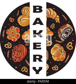 Dekor für einen Shop oder Café mit Gebäck, Brot, backen. Bäckerei, Brot, Haus, handschriftliche Illustration mit Schriftzug. Schild, Vektor Stock Vektor