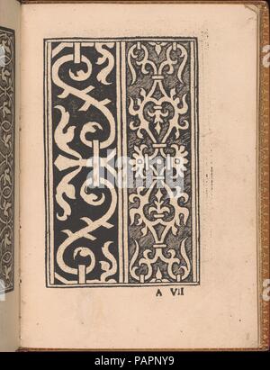 Convivio delle Belle Donne, Seite 8 (Vorderseite). Designer: Holzschnitt Grenze auf Titel unterzeichnet von Matteo da Treviso (Italienisch, Aktiv 16. Jahrhundert). Maße: Gesamt: 7 7/8 x 5 1/2 in. (20 x 14 cm). Erschienen in: Venedig. Herausgeber: Nicolò Zoppino (Italienisch, Ferrara 1478/80-1544 Venedig), Venedig. Datum: August 1532. Von Nicolo Zoppino, Italienisch, Aktive aus dem 16. Jahrhundert, Venedig, entworfen von Matteo da Treviso, Italienisch, Aktiv 16. Jahrhundert veröffentlicht. Von oben nach unten und von links nach rechts: Design besteht aus 2 Spalten. Linke Spalte ist mit geschwungenen Reben, die zu einer zentralen Zierpflanzen elem befestigen eingerichtet Stockfoto