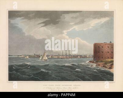 New York von Governor's Island (Nr. 20 Der Hudson River Portfolio). Artist: nach William Guy Wand (Irland, Dublin 1792 - nach 1864 Irland (Aktiv)). Abmessungen: Bild: 14 1/16 x 20 3/16 in. (35,7 x 51,3 cm) Blatt: 19 x 24 cm. (48,3 x 62,2 cm). Plasmaätzer: John Hill (Us (England), London 1770-1850 Clarksville, New York). Herausgeber: Henry J. Megarey (American, 1818-1845 New York). Serie/Portfolio: die Hudson River Portfolio. Datum: 1823-24. Von New York Harbor, die wir hier Blick zurück in Richtung Manhattan und der Mündung des Hudson. Der Agg in Verbindung stehende Text Spuren der Geschichte der Stadt w Stockfoto