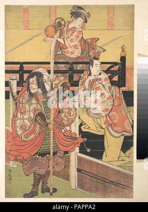 Auf einem Balkon eine Frau sitzt eine Tsuzumi, unten ein Mann in Daimyo Kostüm ist auf einem schwarzen Lack Kasten sitzt. Artist: Torii Kiyonaga (Japanisch, 1752-1815). Kultur: Japan. Abmessungen: 15 1/8 x 10 1/8 in. (38,4 x 25,7 cm). Datum: Ca. 1790. Museum: Metropolitan Museum of Art, New York, USA. Stockfoto