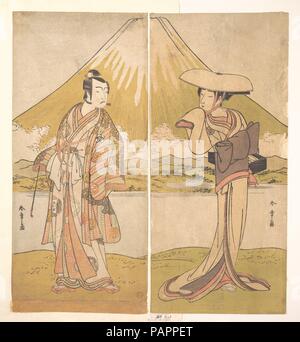 Der Schauspieler Nakamura Tomijuro als große Frau in einem flachen Stroh Hut. Artist: Shunsho Katsukawa (Japanisch, 1726-1792). Kultur: Japan. Abmessungen: H.14 cm. (36,2 cm); W. 6 11/16 in. (17 cm). Datum: Ca. 1778. Museum: Metropolitan Museum of Art, New York, USA. Stockfoto