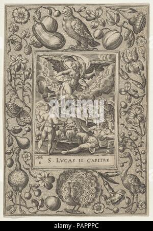 Der Verkündigung an die Hirten. Artist: Abraham de Bruyn (Flandern, Antwerpen 1540-1587 Köln (?)). Maße: Blatt: 4 15/16 x 3 7/16 in. (12,6 × 8,7 cm). Datum: 1580-1600. Szene der Verkündigung an die Hirten. Der Erzengel steigt in der Mitte zu vier Hirten unter, die man auf der rechten Seite liegen. Um diese Szene, ein breiter Rahmen mit einem Pfau unten in der Mitte und einem anderen Vogel oben in der Mitte, zwischen Obst und Gemüse. Museum: Metropolitan Museum of Art, New York, USA. Stockfoto