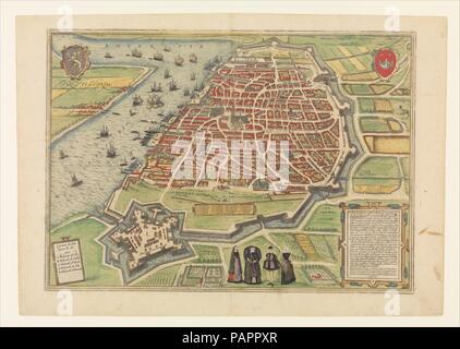 Blick auf Antwerpen von Braun und Hogenberg's Civitates Orbis Terrarum. Artist: Frans Hogenberg (Niederländischen, 1540-1590); Simon Novellanus (16. Jahrhundert); entworfen von joris Hoefnagel (Niederländischen, Antwerpen 1542-1601 Wien); entworfen von Cornelius Caymox (Niederländischen, Antwerpen vor 1540-1588 Leipzig). Abmessungen: Platte: 13 5/6 x 18 7/8 in. (34,1 x 48 cm): 15 x 21 7/16 15/16 in. (39,2 x 55,7 cm). Herausgeber: Herausgegeben von Georg Braun (Deutsch, 1541-1622). Erschienen in: Köln. Datum: 1572-94. Museum: Metropolitan Museum of Art, New York, USA. Stockfoto