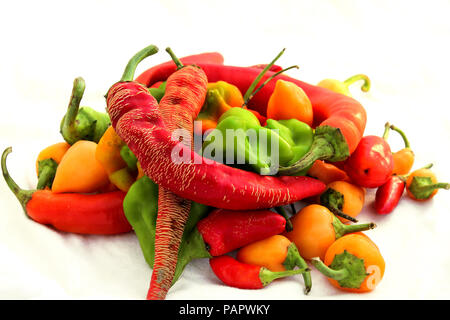 Mix aus frischen bunten hot chili peppers auf weißem Hintergrund Stockfoto