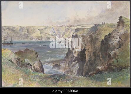 Foilhummerum Bay, Valentia, von Cromwell fort: Die Caroline Festlegung der Earthwire am 21. Juli, 1865. Artist: Robert Charles Dudley (British, 1826-1909). Maße: Blatt: 6 5/16 x 9 7/16 in. (16×24 cm). Datum: 1865. Eine der großen technischen Errungenschaften des 19. Jahrhunderts war eine telegrafische Kabel unter dem Atlantik zu legen, so dass Nachrichten hin und her zwischen Nordamerika und Europa in Minuten zu beschleunigen, anstatt zehn oder zwölf Tagen durch die Dampfeinheit ein. Ein zunächst erfolgreicher Versuch im Jahre 1858, von Cyrus W. Feld geführt und von der Atlantic Telegraph Company finanziert, nicht nach drei Wochen. T Stockfoto