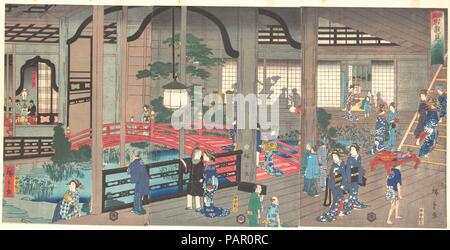 Der Innenraum des Gankiro Tea House in Yokohama. Artist: Suzuki Hiroshige II (Japanisch, 1826-1869). Kultur: Japan. Abmessungen: Oban Triptychon: 14./14 x 28 cm. (35,6 x 73,3 cm). Datum: 1861 (April). Museum: Metropolitan Museum of Art, New York, USA. Stockfoto