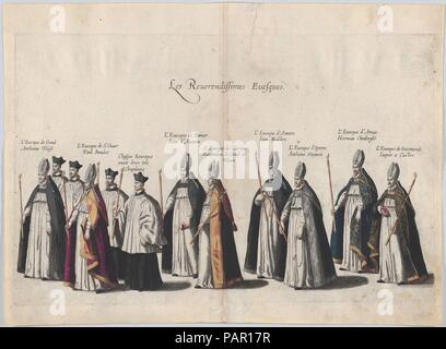 Platte12: Mitglieder des Klerus in der trauerzug von Erzherzog Albert von Österreich marschieren; von "pompa Malesso... Alberti Pae". Künstler: Cornelis Galle I (Niederländischen, Antwerpen Antwerpen 1576-1650); Nach Jacques Francquart (Französisch, Brüssel 1577-1651 Brüssel). Maße: Blatt: 11 1/4 x 15 1/4 in. (28,4 × 38,8 cm) Platte: 10 3/16 x 14 9/16 in. (25,8 × 37 cm). Erschienen in: Brüssel. Datum: 1623. Die Platte von der "pompa Malesso... Alberti Pae", nach Jacques Francquart, zur Veranschaulichung der Trauerzug von Albert Fromme (1559-1621), Erzherzog von Österreich, Sohn von Kaiser Maximilian II. Stockfoto