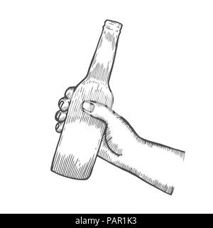 Männliche Hand und klirren offene Bierflaschen. Vintage vektor Gravur Illustration für Web, Plakat, Einladung zur Party. Auf weissem backgr Isoliert Stock Vektor