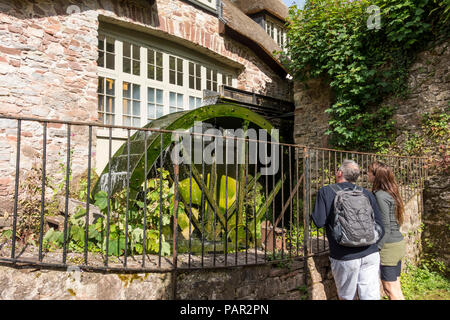 Ein Paar an der Wassermühle suchen, Cockington Village, Torquay, Devon, Großbritannien Stockfoto