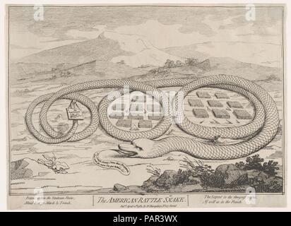 Die amerikanische Rattle Snake. Artist: zugeschrieben, James Gillray (Briten, Chelsea London, 1756-1815). Maße: Platte (teilweise abgeschnitten): 8 5/8 x 12 11/16 in. (21,9 x 32,2 cm) Blatt: 9 7/16 x 12 15/16 in. (23,9 x 32,8 cm). Herausgeber: Veröffentlicht in London von William Richardson (British, 1778-1812) aktiv. Datum: April 12, 1782. Diese satirische Drucken, vielleicht eine der Gillray die frühesten, verwendet eine Schlange - eine beliebte amerikanische Symbol vor der Erfindung der Emblematischen Sterne und Streifen. Die Spulen Hier umschließen zwei militärischen Camps mit Text unten, dass Staaten, 'Zwei britische Armee ich haben somit Burgoyn würde, und Ro Stockfoto