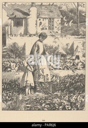 Die Insel Biene (von der Strecke Posies: Original Gedichte des Landes leben). Artist: Nach George John Pinwell (Briten, London 1842-1875 London). Abmessungen: Bild: 6 3/16 x 4 13/16-in. (15,7 × 12,2 cm) Blatt: 9 5/8 x 7 9/16 in. (24,4 × 19,2 cm). Engraver: Dalziel Brüder (British, 1839-1893) aktiv. Datum: 1867. Eine Frau hält einen Korb über eine Arme und die Hand des kleinen Mädchens mit Ihrem anderen, da Sie sich in einem Garten stand mit Blick auf die Blumen und Insekten. Eine zweite Reihe von Pflanzen ist hinter Ihnen dargestellt, dann eine Mauer und zwei-stöckige Haus, mit Vögel und Nester. Der Holzstich wurde für ein Buh gemacht Stockfoto