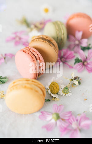 Macarons mit Blüten Stockfoto