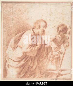 Saint Joseph gesehen mit seiner Blüte, von der Christus Kind. Artist: zugeschrieben, Guercino (Giovanni Francesco Barbieri) (Italienisch, Cento 1591-1666 Bologna). Maße: Blatt: 10 3/16 x 9 1/8 in. (25,9 x 23,2 cm). Datum: 1591-1666. Der Stil dieser Zeichnung vergleichbar mit anderen Autogramm Blätter in Rötel vom späten Guercino Periode, wie bei einem Gemälde von 1661 ist, St. Theresia Empfangen einer Halskette aus der Jungfrau, in der Gegenwart des heiligen Josefs, ihres Schutzpatrons (Mahon und Ekserdjian, 1986, Art.-Nr. 36). Diese Zeichnung verfügt über sorgfältig Vorhänge mit wenigen Pen beendet Stockfoto