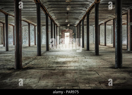 Alten Ziegel Viktorianischen Tobacco Warehouse Interieur mit Eisen Säulen an Stanley Dock, Liverpool. Uk. Stockfoto