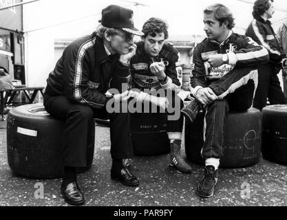 F1 1985, Gérard Ducarouge, Ayrton Senna, Elio de Angelis Lotus Renault, Belgien GP, Spa 1985 Stockfoto