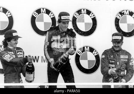 Podium,, 1 Ayrton Senna (Lotus Honda), 2 Alain Prost (Mac Laren Tag) 3 Nigel Mansell (Williams Honda), F1, GP Belgien gp, Spa, 1985 Stockfoto