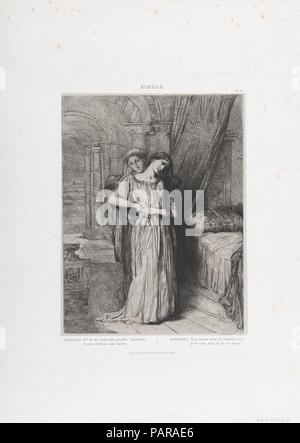 "Wenn ich vor dir sterben, Pr'ythee mich in eines dieser gleichen Blätter': Platte 8 von Othello (Akt 4, Szene 3). Künstler: Théodore Chassériau (Französisch, Le Limon, Saint-Domingue, West Indies 1819-1856 Paris). Abmessungen: Platte: 13 9/16 x 9 3/4 in. (34,5 x 24,8 cm) Bild: 11 1/4 x 8 1/2 in. (28,5 x 21,6 cm). Serie/Portfolio: Suite von 15 Drucke: Shakespeare's Othello/Quinze Esquisses à l'eau-forte et gravées dessinées par Théodore Chasseriau. Betrifft: William Shakespeare (Britisch, Stratford-upon-Avon 1564-1616 Stratford-upon-Avon). Datum: 1844. 1844 Eugène Piot beauftragt, die Jungen C Stockfoto