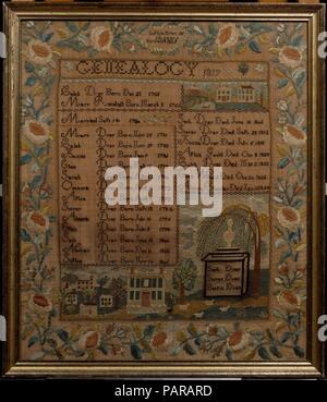 Bestickte Sampler. Kultur: American. Abmessungen: 25 x 21 cm. (63,5 x 54,6 cm). Schöpfer: Sophia Dyer (geboren 1805). Datum: 1819. Portland, Maine Schülerinnen produzierte eine besondere Gruppe der genealogischen Sampler. Nach einer vorgeschriebenen Format, diese Sampler Liste der Geburt und Heirat der Eltern; und den Namen und das Geburtsdatum jedes Ihrer Kinder. Ebenfalls charakteristisch sind Stadtbilder mit Weiße Schindeln Bundes Häuser und elegante Grenzen von Rosen, Rosenblütenblätter und grünen Reben. Museum: Metropolitan Museum of Art, New York, USA. Stockfoto