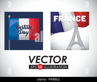 Tag der Bastille Desgin mit Frankreich ähnliche Symbole auf weißem Hintergrund, Vector Illustration Stock Vektor