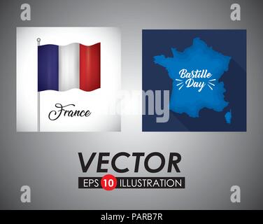 Tag der Bastille Desgin mit Frankreich ähnliche Symbole über grauer Hintergrund, Vektor, Abbildung Stock Vektor