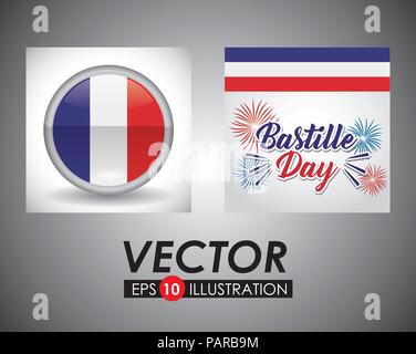 Tag der Bastille Desgin mit Frankreich ähnliche Symbole über grauer Hintergrund, Vektor, Abbildung Stock Vektor