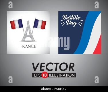 Tag der Bastille Desgin mit Frankreich ähnliche Symbole über grauer Hintergrund, Vektor, Abbildung Stock Vektor